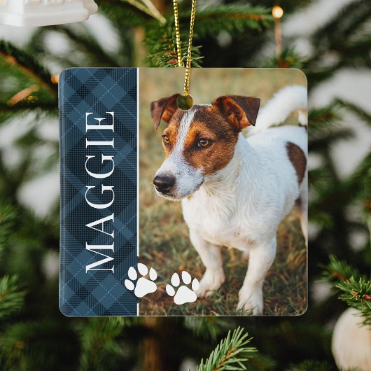 Elegantes Blue Kariert Pet Name und Foto Keramikornament