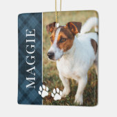 Elegantes Blue Kariert Pet Name und Foto Keramikornament (Links)