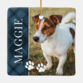Elegantes Blue Kariert Pet Name und Foto Keramikornament (Rückseite)