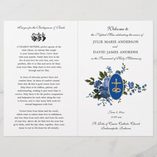 Elegantes Blue Katholic Latin Mass Wedding Program (Vorderseite)