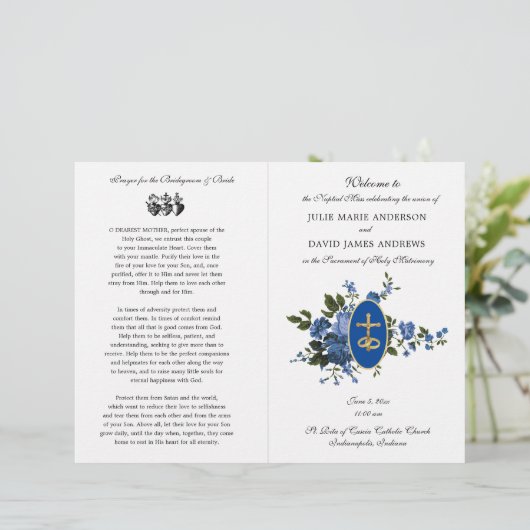 Elegantes Blue Katholic Latin Mass Wedding Program (Stehend Vorderseite)