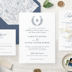 Elegantes Blue Laurel Wreath Wedding Monogram Wapp Einladung