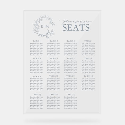 Elegantes Blue Leafy Wappen Monogram Wedding Seati Acrylschild (Vorderseite)