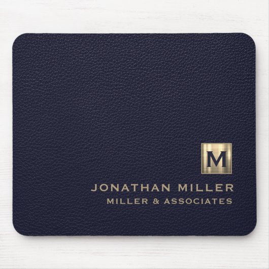 Elegantes Blue Leather Luxury Gold Initial Logo Mousepad (Vorne)