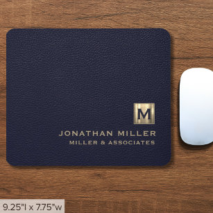 Elegantes Blue Leather Luxury Gold Initial Logo Mousepad