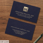 Elegantes Blue Leather Luxury Gold Initial Logo Visitenkarte<br><div class="desc">Mit diesen eleganten, blauen Visitenkarten aus Leder mit einem luxuriösen Gold-Original-Logo machen Sie einen bleibenden Eindruck. Ideal für kleine Unternehmen oder Unternehmen, die ihre Professionalität und ihren Stil präsentieren möchten. Diese hochwertigen Karten sind individuell anpassbar und können auf Ihre Bedürfnisse zugeschnitten werden. Egal ob Sie sich auf einer Business-Veranstaltung vernetzen...</div>
