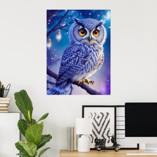 Elegantes Blue Lila Magical Owl Comic Kunst Poster (Heimbüro)