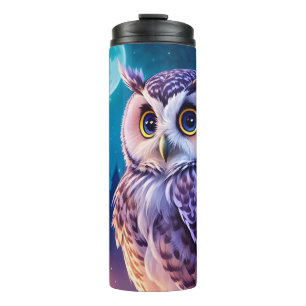 Elegantes Blue Lila Magical Owl Comic Kunst Thermosbecher