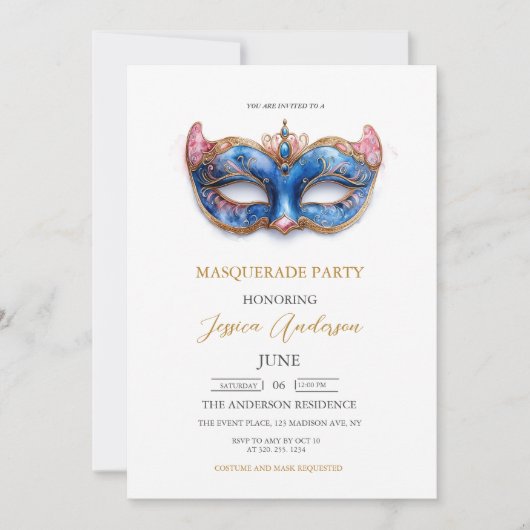 Elegantes Blue Masquerade Party Geburtstag Einladung (Vorderseite)