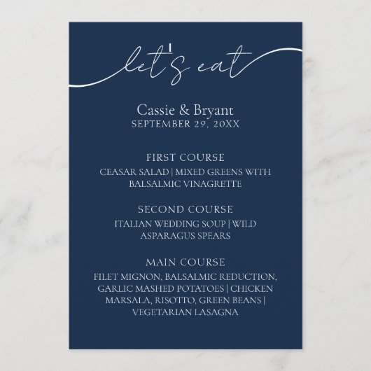 Elegantes Blue Modern Script Wedding Menu Menükarte (Vorderseite)