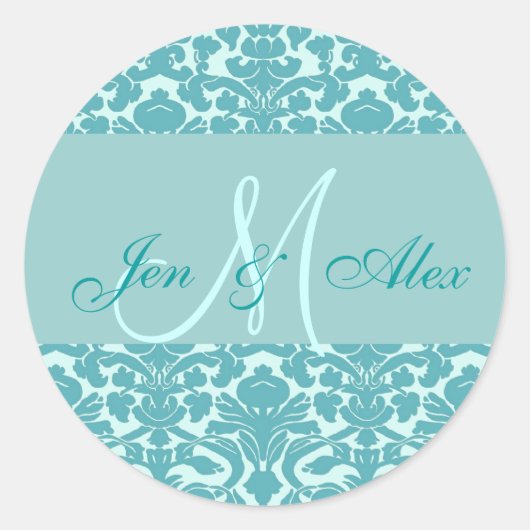 Elegantes Blue Monogram Damask Wedding Siegel Runder Aufkleber (Vorderseite)