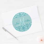 Elegantes Blue Monogram Damask Wedding Siegel Runder Aufkleber (Umschlag)
