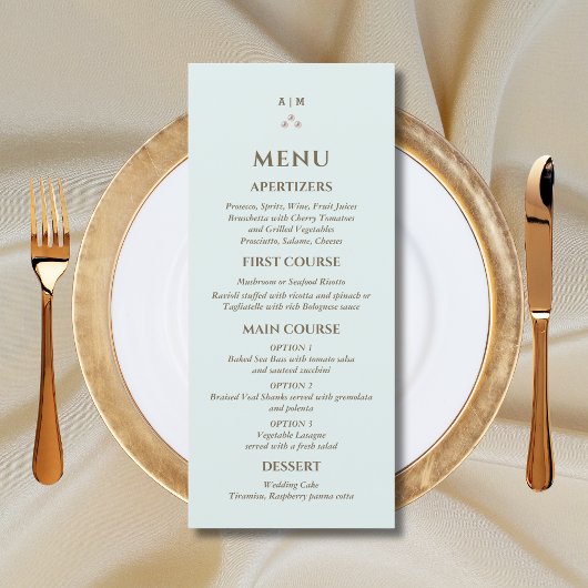 Elegantes Blue Monogram Pearl Wedding Menu Menükarte