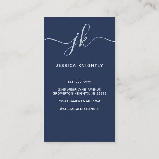 Elegantes Blue Monogram Script Initials-Foto Visitenkarte (Rückseite)