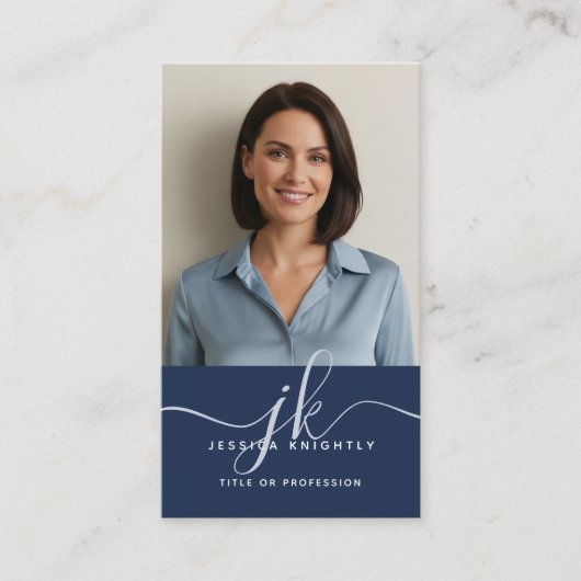 Elegantes Blue Monogram Script Initials-Foto Visitenkarte (Vorderseite)