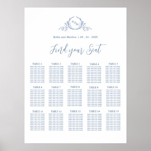 Elegantes Blue Monogram Seating Chart Sign Poster (Vorne)