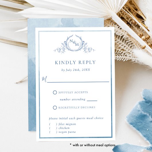 Elegantes Blue Monogram und Watercolor Wedding RSV RSVP Karte