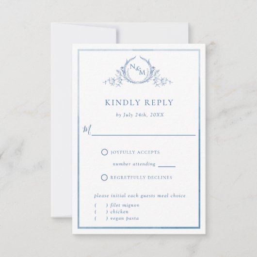 Elegantes Blue Monogram und Watercolor Wedding RSV RSVP Karte (Vorderseite)