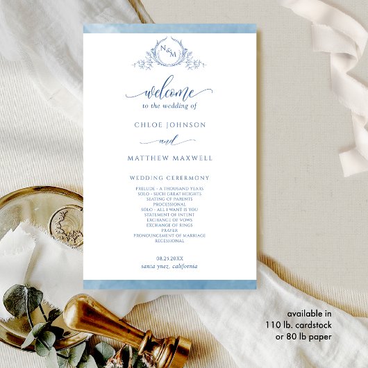 Elegantes Blue Monogram Watercolor Hochzeitsprogra
