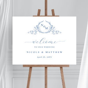 Elegantes Blue Monogram Wedding Welcome Sign Poster