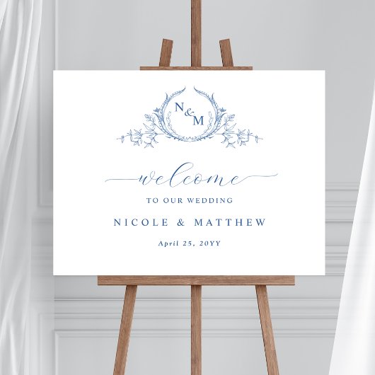 Elegantes Blue Monogram Wedding Welcome Sign Poster