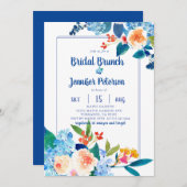 Elegantes Blue & Peach Floral Bridal Brunch Einladung (Vorne/Hinten)