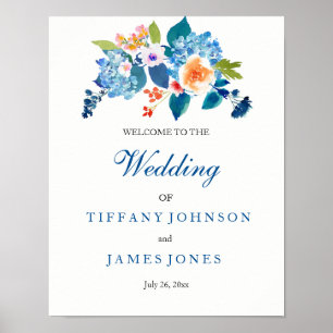 Elegantes Blue & Peach Floral Wedding Weclome Post Poster