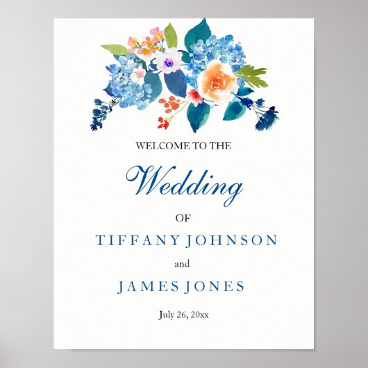 Elegantes Blue & Peach Floral Wedding Weclome Post Poster (Vorne)