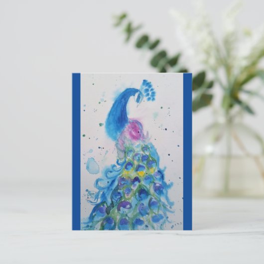 Elegantes Blue Peacock Aquarellbild Postkarte (Stehend Vorderseite)
