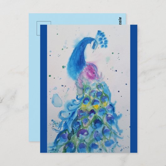 Elegantes Blue Peacock Aquarellbild Postkarte (Vorne/Hinten)