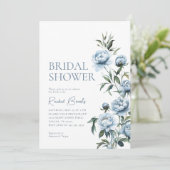 Elegantes Blue Peonies Blumengrün Brautparty Einladung (Stehend Vorderseite)