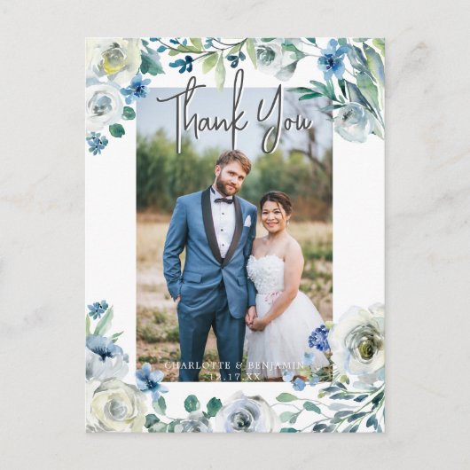 Elegantes Blue Peony Floral Wedding Foto Vielen Da Postkarte (Vorderseite)