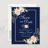 Elegantes Blue Pink Blush Floral Gold Save the Dat Ankündigungspostkarte (Vorne/Hinten)