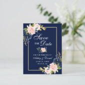 Elegantes Blue Pink Blush Floral Gold Save the Dat Ankündigungspostkarte (Stehend Vorderseite)