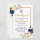 Elegantes Blue Pink Floral Gold Rahmen Bat Mitzvah Einladung (Vorderseite)