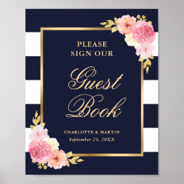 Elegantes Blue Pink Floral Wedding Guest Book Sign Poster