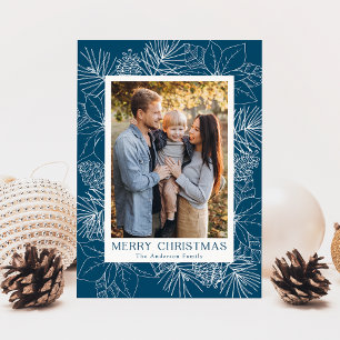 Elegantes Blue Poinsettias und Pine Cones Foto Feiertagskarte