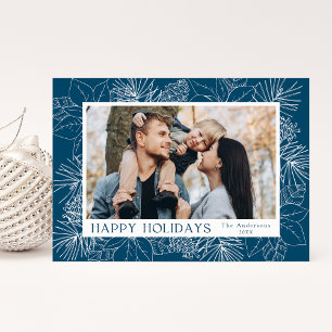 Elegantes Blue Poinsettias und Pine Cones Foto Feiertagskarte