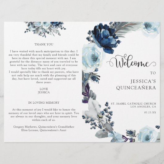 Elegantes Blue Quinceñera Floral Programm (Vorderseite)