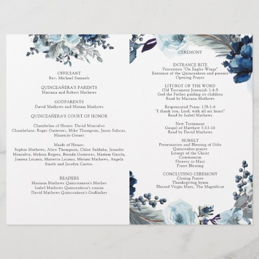 Elegantes Blue Quinceñera Floral Programm (Rückseite)