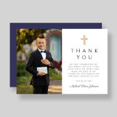 Elegantes Blue Religious Boy First Communion Foto Dankeskarte