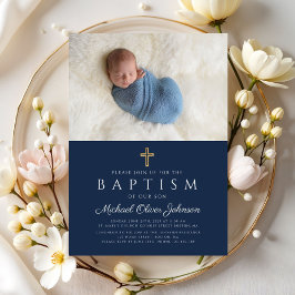 Elegantes Blue Religious Cross Boy Baptism Foto Einladung