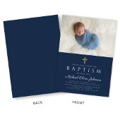 Elegantes Blue Religious Cross Boy Baptism Foto Einladung