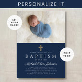 Elegantes Blue Religious Cross Boy Baptism Foto Einladung
