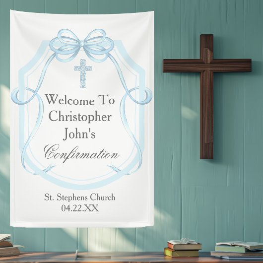 Elegantes Blue Ribbon Bow Confirmation Party Banner
