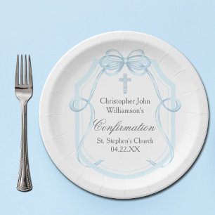 Elegantes Blue Ribbon Bow Confirmation Party Pappteller