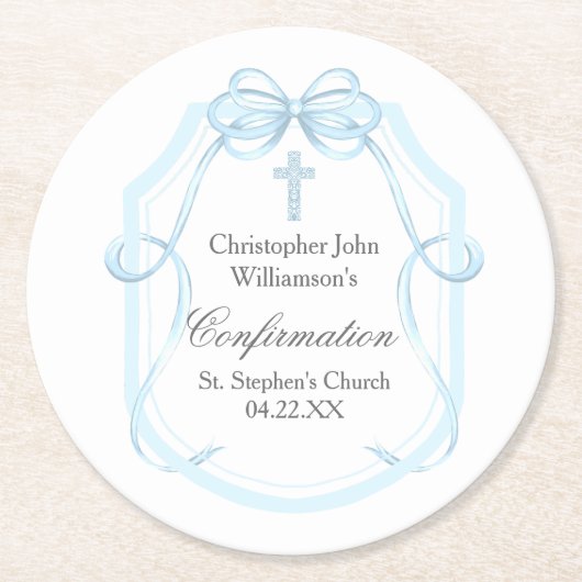Elegantes Blue Ribbon Bow Confirmation Party Runder Pappuntersetzer (Vorderseite)