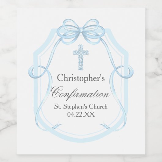 Elegantes Blue Ribbon Bow Confirmation Party Weinetikett (Einzelnes Label)