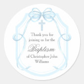 Elegantes Blue Ribbon Bow Taufe Party Runder Aufkleber (Vorderseite)