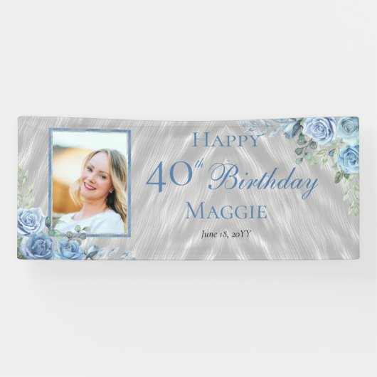 Elegantes Blue Rose Blumenrahmen 40. Geburtstag Pa Banner (Horizontal)